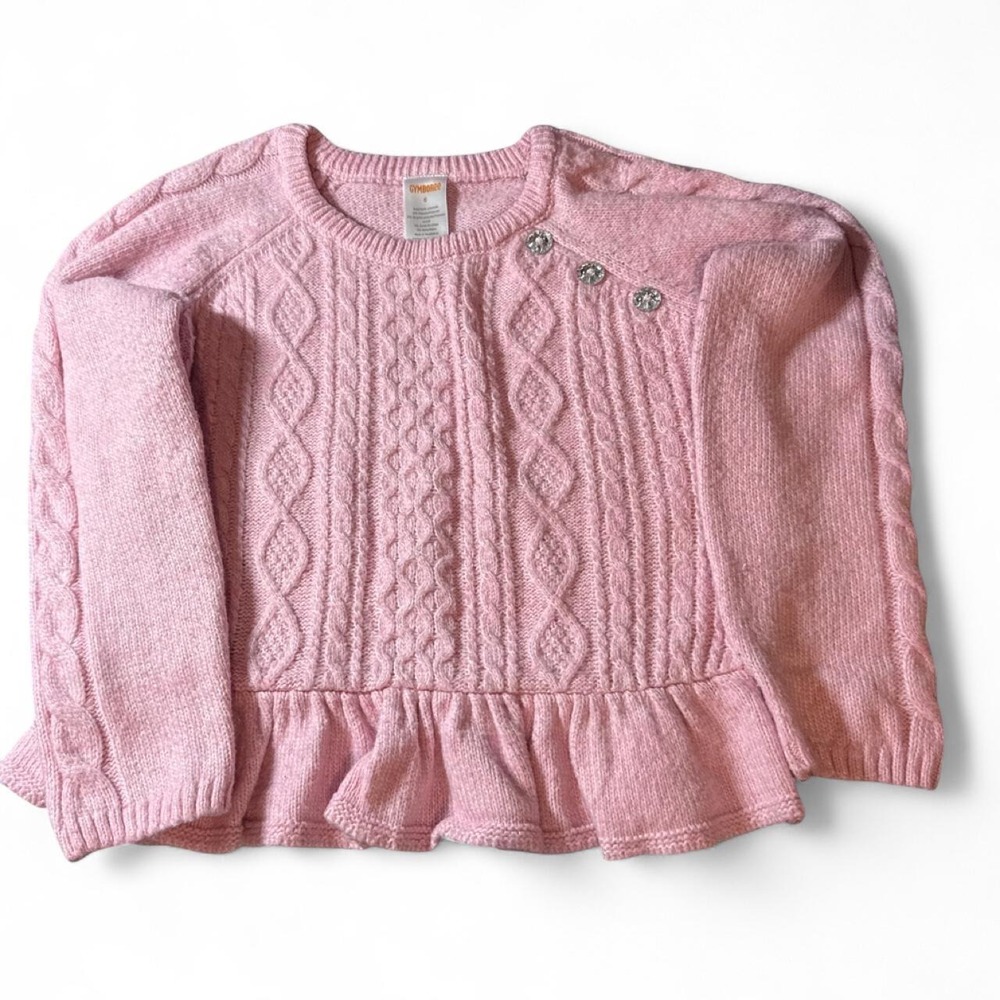Gymboree Girls Pink Cable Knit Peplum Sweater Crystal Button Accent Size 6